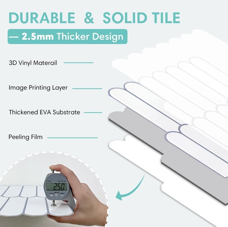 Commomy Thicker White Peel and Stick Tiles Backsplash - 10 pcs of 12" x 12" - 3D Adhesive Peel and Stick Backsplash for Kitchen, Bathroom, Removable, Waterproof, Vinyl Wall Tile (Gray Grout) - Image 4
